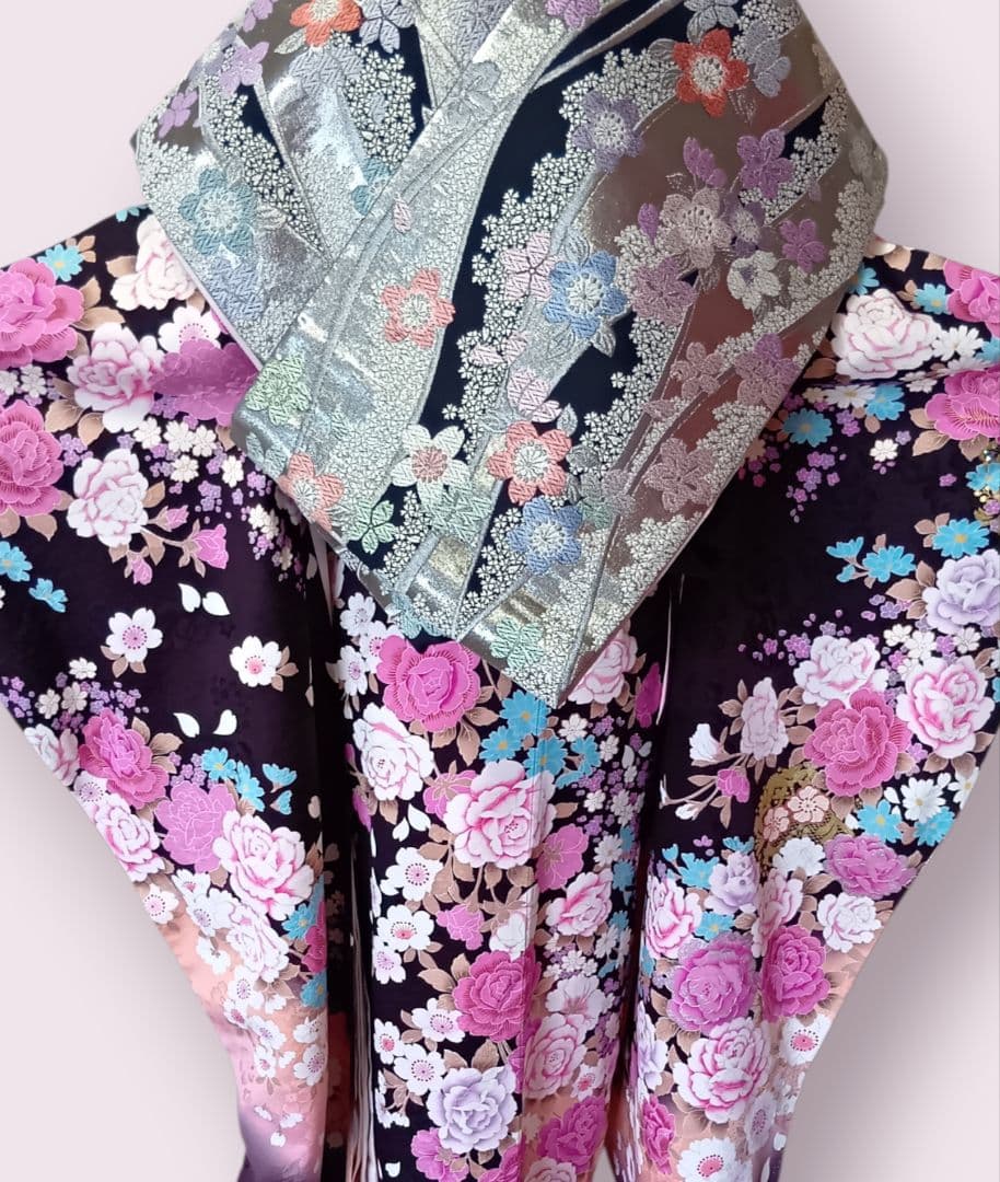 成人式当日お祝いSALE　振袖フルセット　ラインストーン　濃紫　帯揚げ2枚付