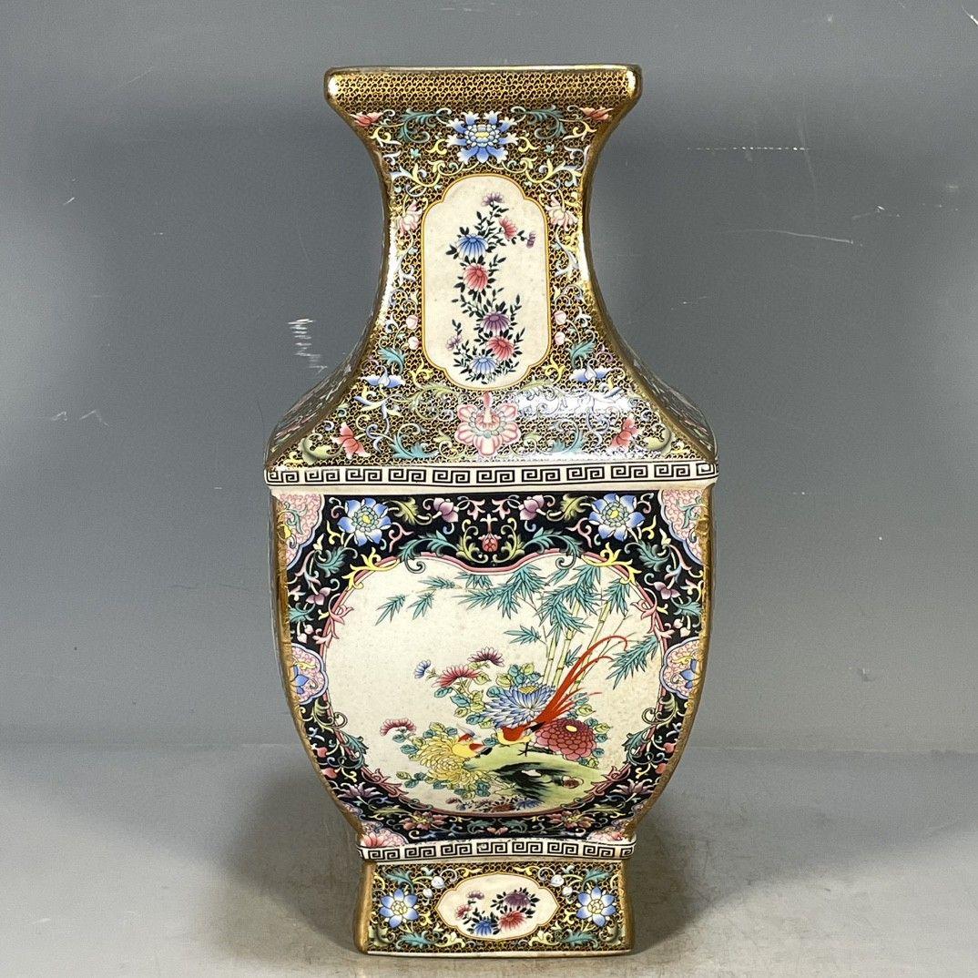 清乾隆琺瑯彩花鳥図紋四方賞瓶 景徳鎮 陶磁器 装飾品 工芸品 美術品 置物