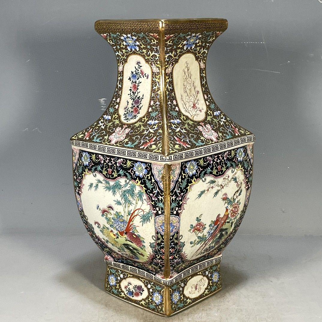 清乾隆琺瑯彩花鳥図紋四方賞瓶 景徳鎮 陶磁器 装飾品 工芸品 美術品 置物