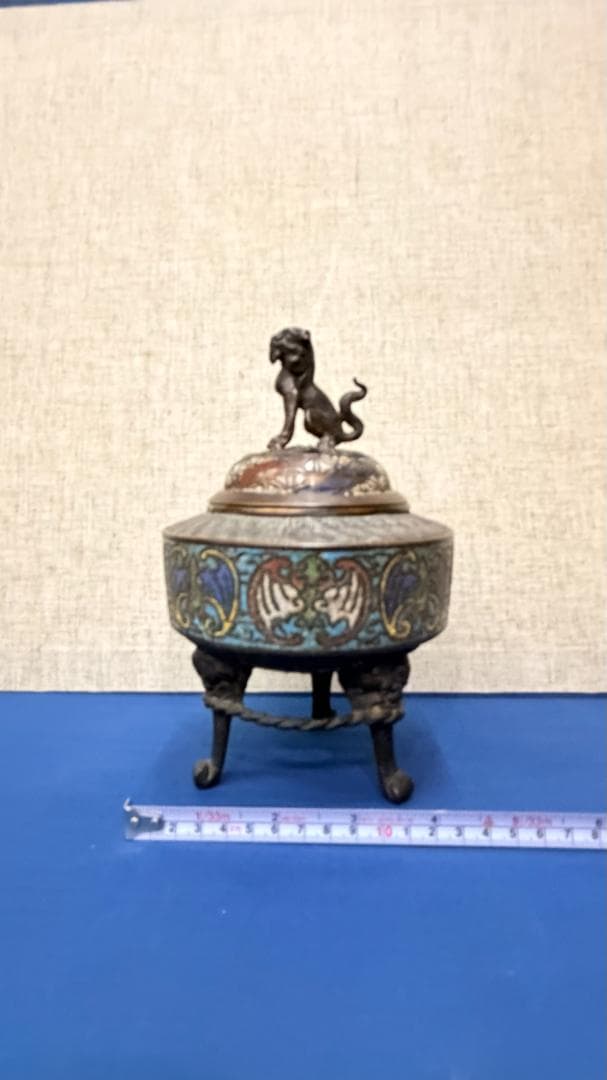極上装飾】景泰藍（七宝）獅子蓋香炉｜古銅＋七宝細工｜幅13×高さ21cm