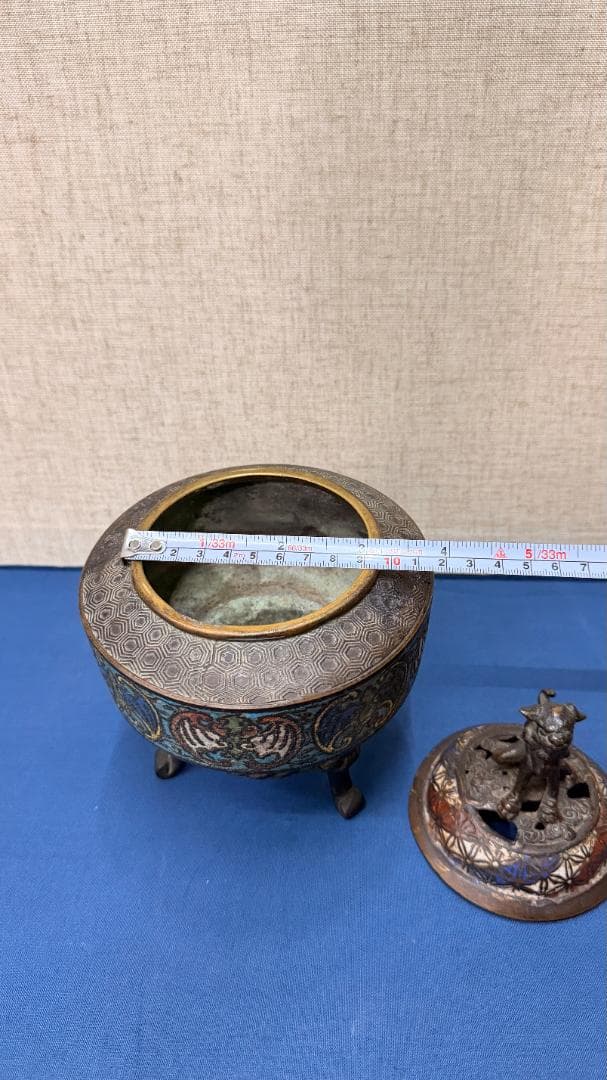 極上装飾】景泰藍（七宝）獅子蓋香炉｜古銅＋七宝細工｜幅13×高さ21cm