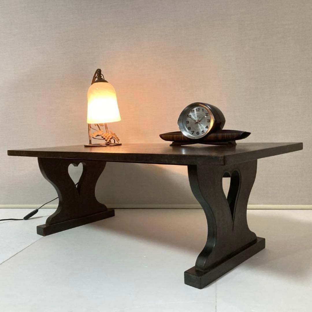 古い味のある文机 座卓 置物台 飾り棚 大型 透かし ハート型 木製 レトロ