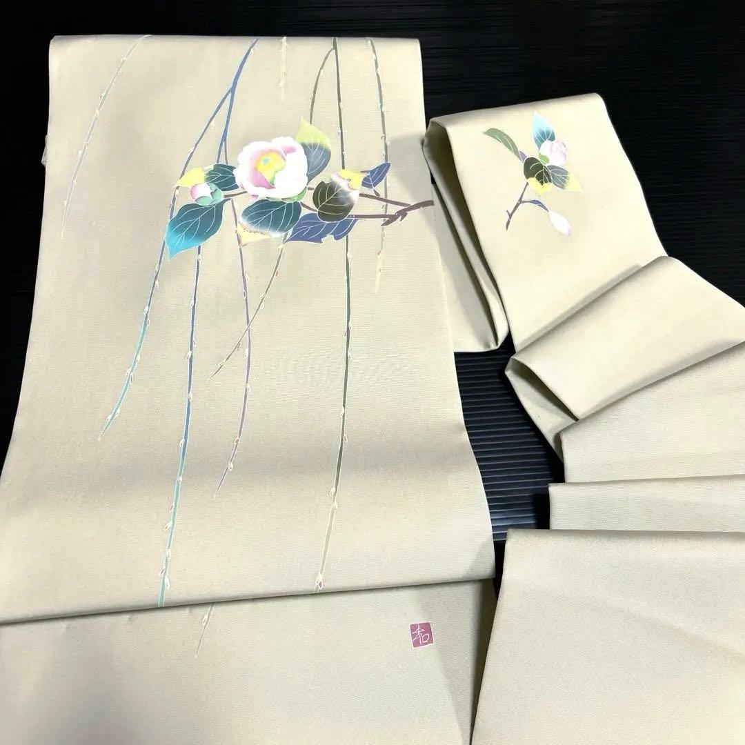 正絹　作家落款あり　名古屋帯【塩瀬　友禅染】《椿　ねこやなぎ》