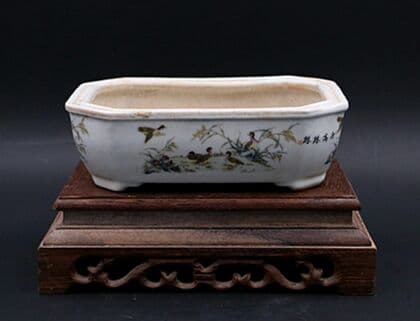 パステルカラーのオシドリの絵植木鉢の中古品アンティークコレクション装飾植物の置物