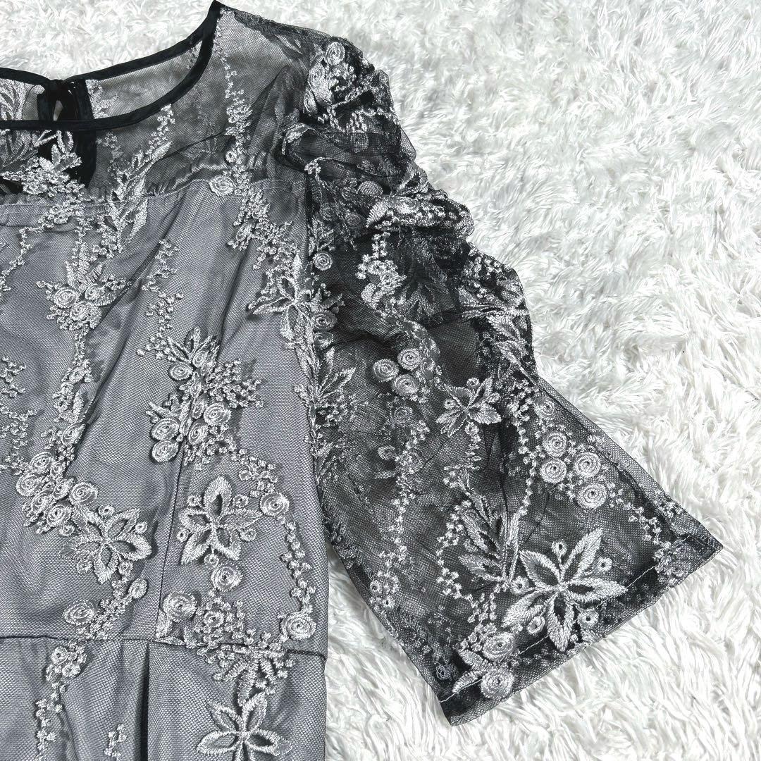 【大きいサイズ LL】　haremode　刺繍レース バックリボンドレス　黒