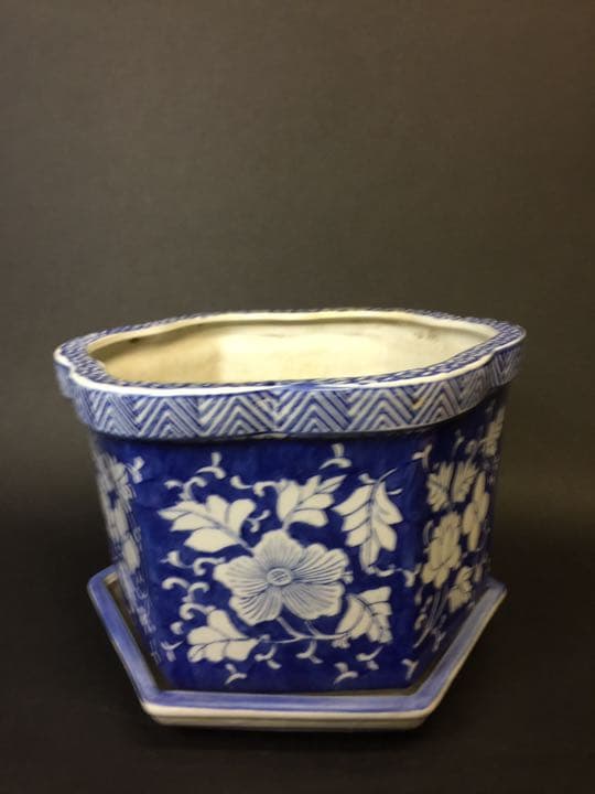 超大 染付六面梅花形植木鉢 盆栽鉢 冰裂纹青花花盆年代物古美術