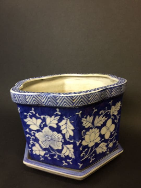 超大 染付六面梅花形植木鉢 盆栽鉢 冰裂纹青花花盆年代物古美術