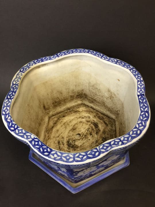 超大 染付六面梅花形植木鉢 盆栽鉢 冰裂纹青花花盆年代物古美術
