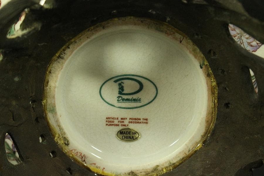 中国美術 色絵 ブロンズ 台 耳付 碗 34.3cmx24cm(LC603)