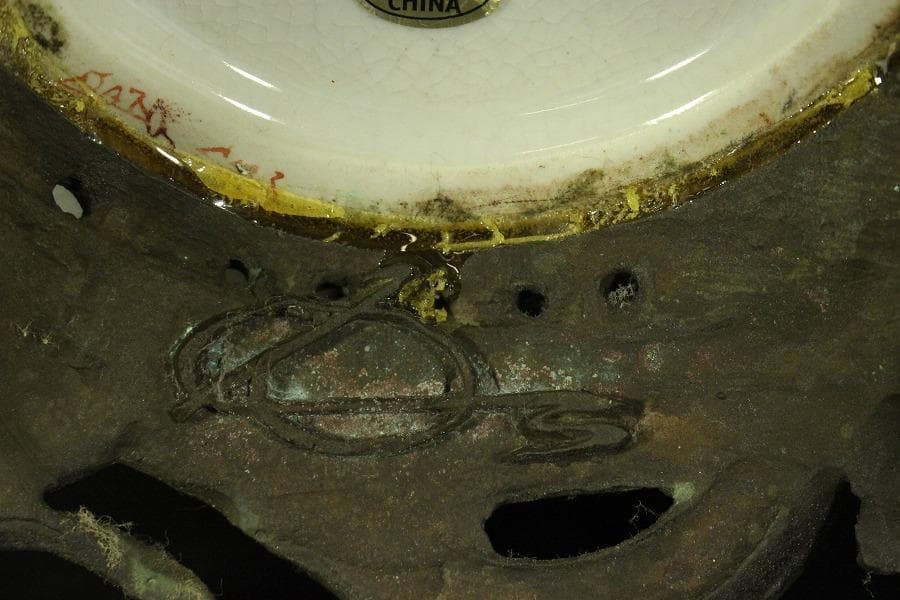 中国美術 色絵 ブロンズ 台 耳付 碗 34.3cmx24cm(LC603)