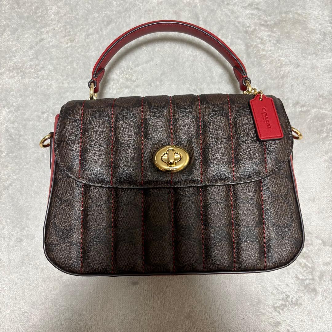 Coach キルティング ハンドバッグ ダークブラウン/レッド