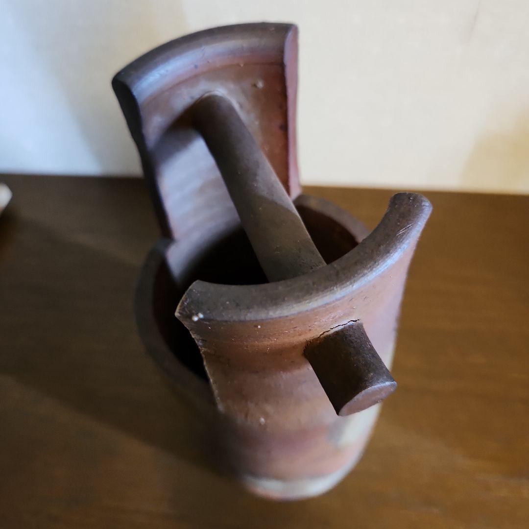 備前焼　三村陶伯　手桶花入　花瓶　　華道具　共箱
