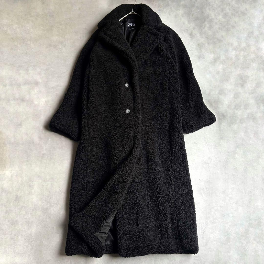 ZARA テディベアコート ボア チェスターコート マキシ丈 シングル 黒