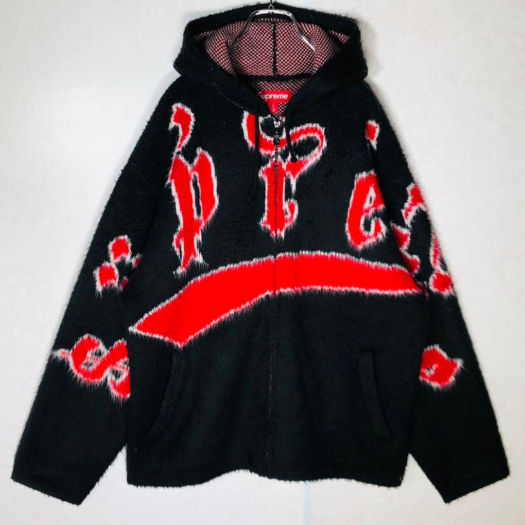 【人気デザイン】シュプリーム アクリル ジップアップ フーディー 黒 赤 M相当