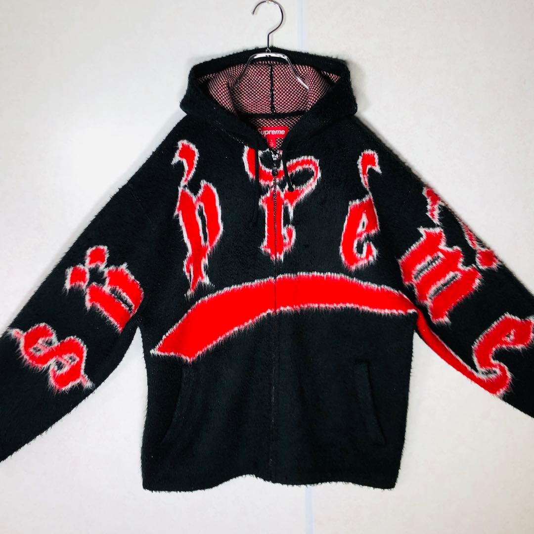 【人気デザイン】シュプリーム アクリル ジップアップ フーディー 黒 赤 M相当