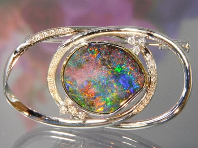 天然ボルダーオパール ダイヤ入 K18WG K14WGブローチ 帯留 ユーズド品