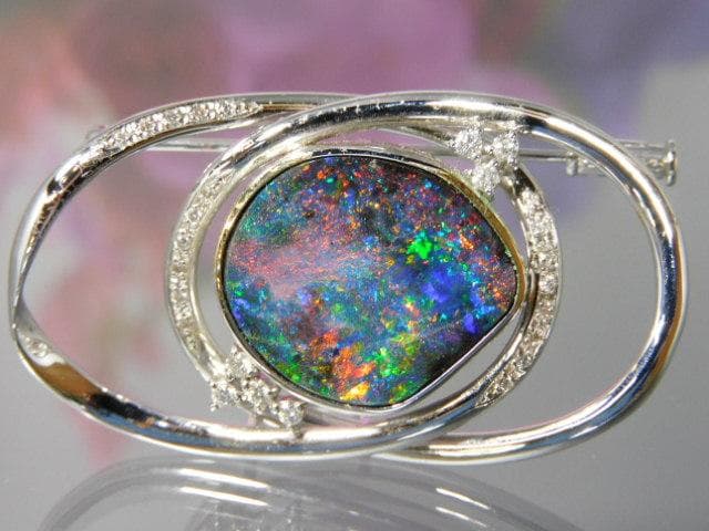 天然ボルダーオパール ダイヤ入 K18WG K14WGブローチ 帯留 ユーズド品