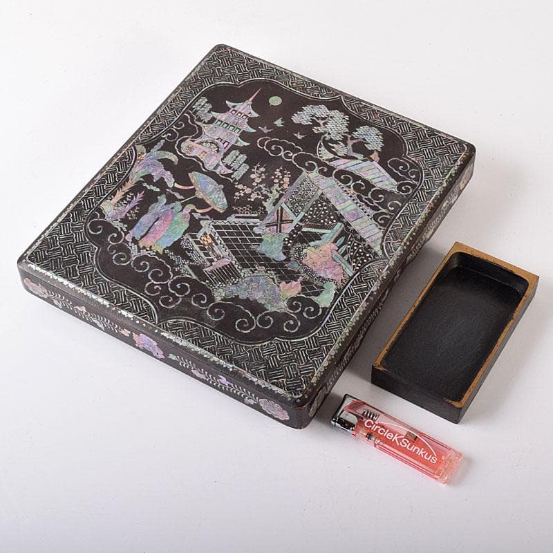 さき　中国　黒漆　螺鈿装飾山水人物文　硯箱　硯　墨　水滴一式　GR8428