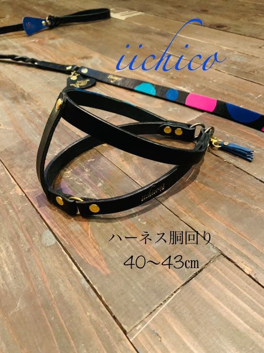 犬用リード＆ハーネス2点SET！Black革Blue系マルチドット