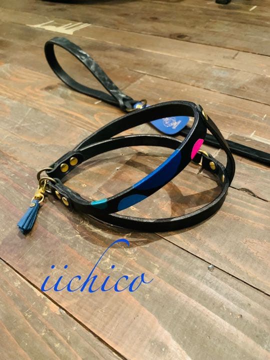犬用リード＆ハーネス2点SET！Black革Blue系マルチドット
