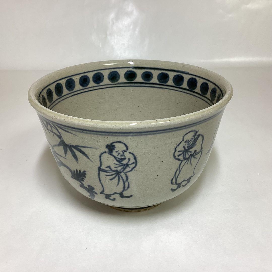 茶碗 安南写 七賢人の絵「円に福」膳所焼 陽炎園 木箱入 茶道具 古物品