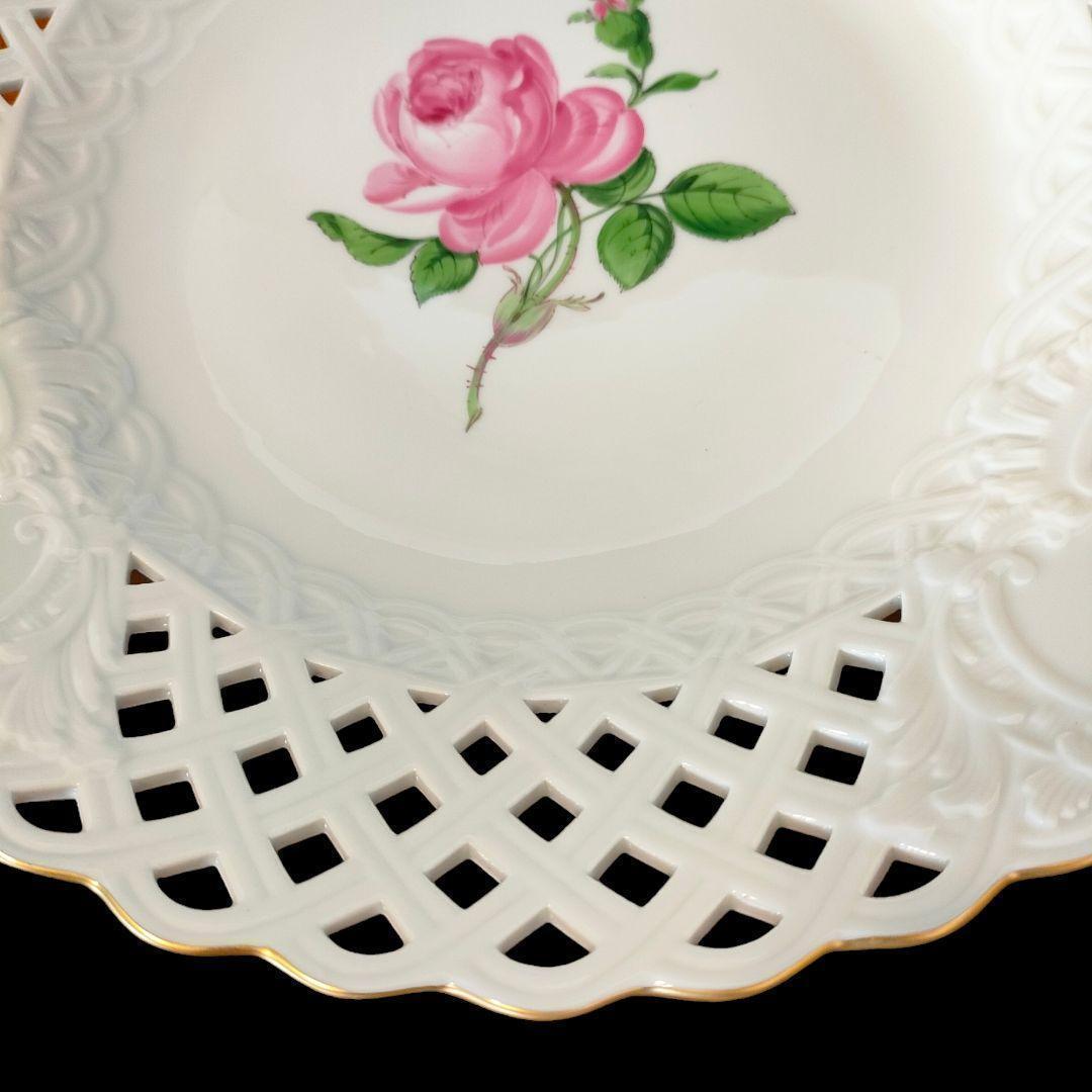 特大サイズ■27㎝ マイセン ピンクローズ 金彩エッジ オープンワーク １級品