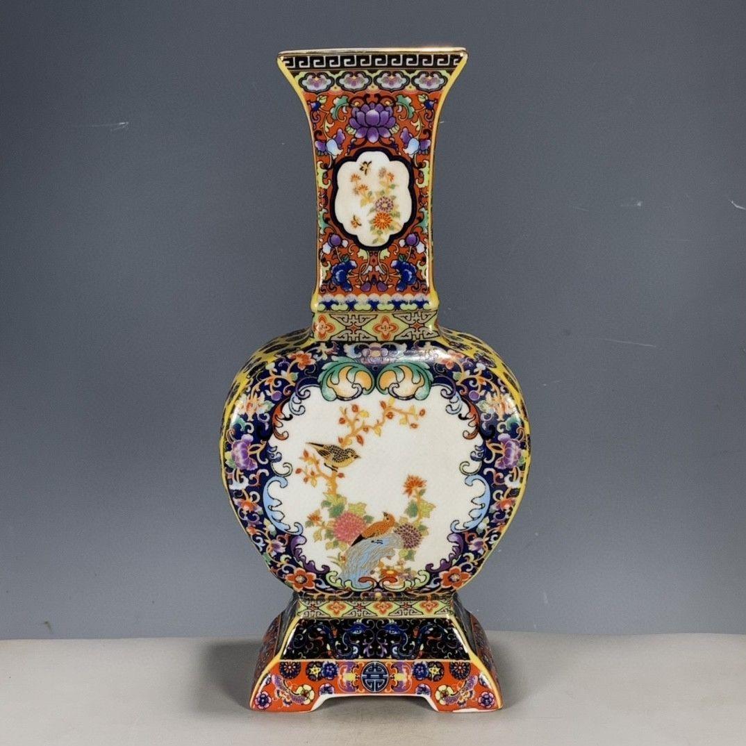 清代パステル蒔絵花鳥開窓扁腹尊瓶 景徳鎮 装飾品 現代工芸品美術品 置物