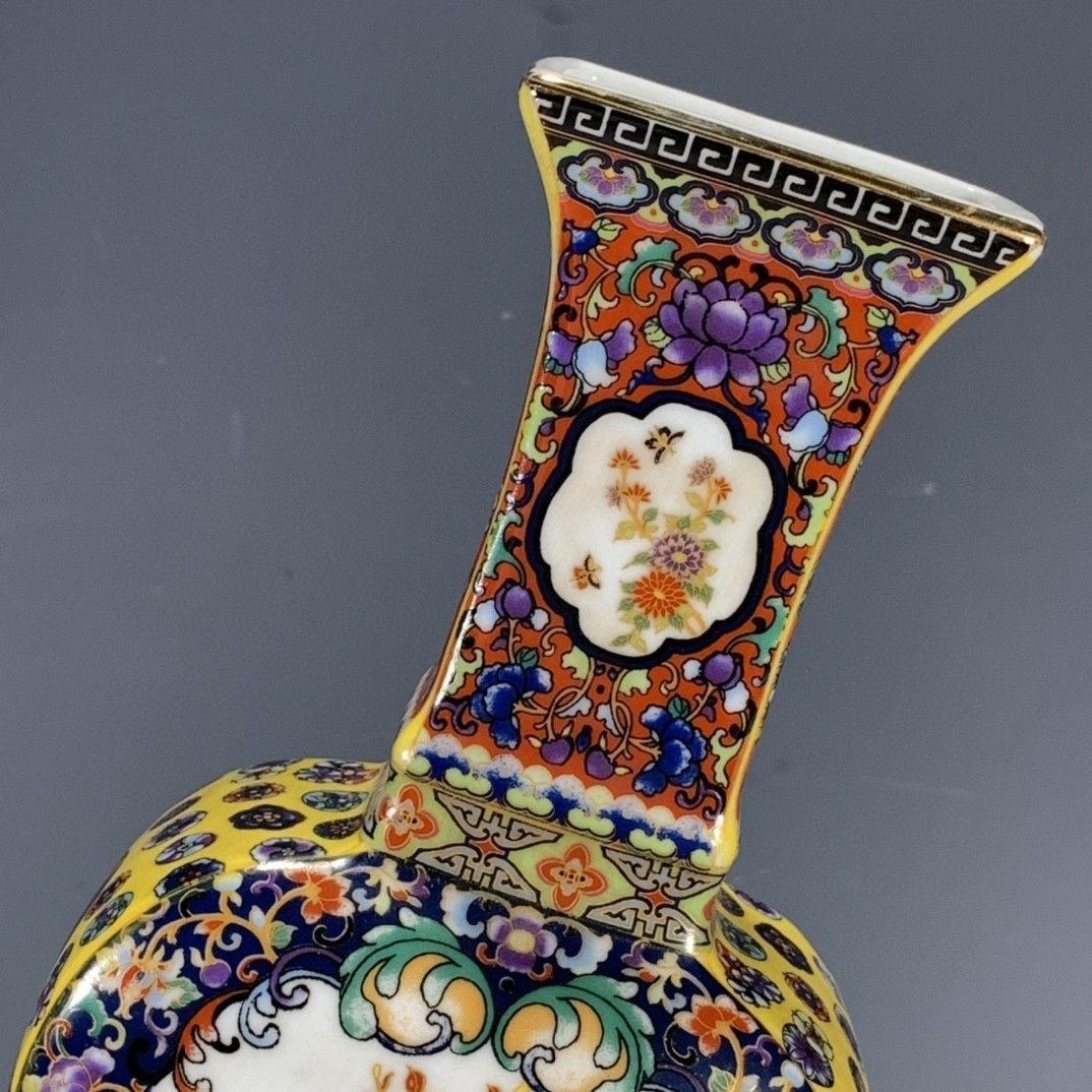 清代パステル蒔絵花鳥開窓扁腹尊瓶 景徳鎮 装飾品 現代工芸品美術品 置物