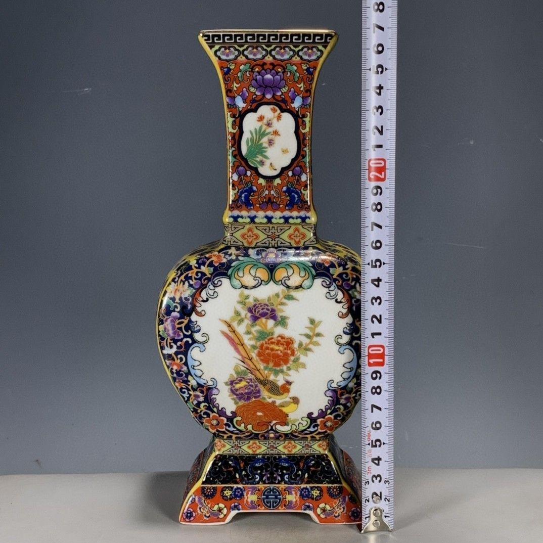 清代パステル蒔絵花鳥開窓扁腹尊瓶 景徳鎮 装飾品 現代工芸品美術品 置物