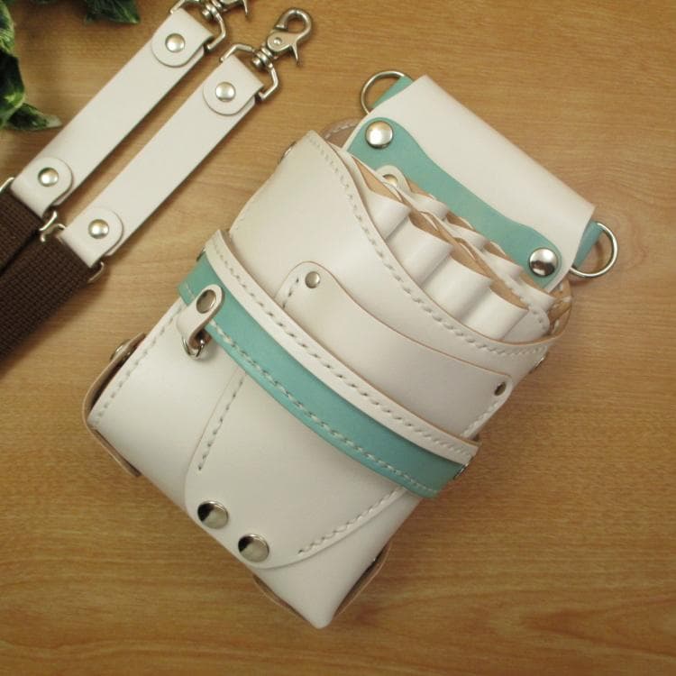 【トリマー向き】 ８丁　本革シザーケース　ホワイト＆空色　TSC-13/CWA