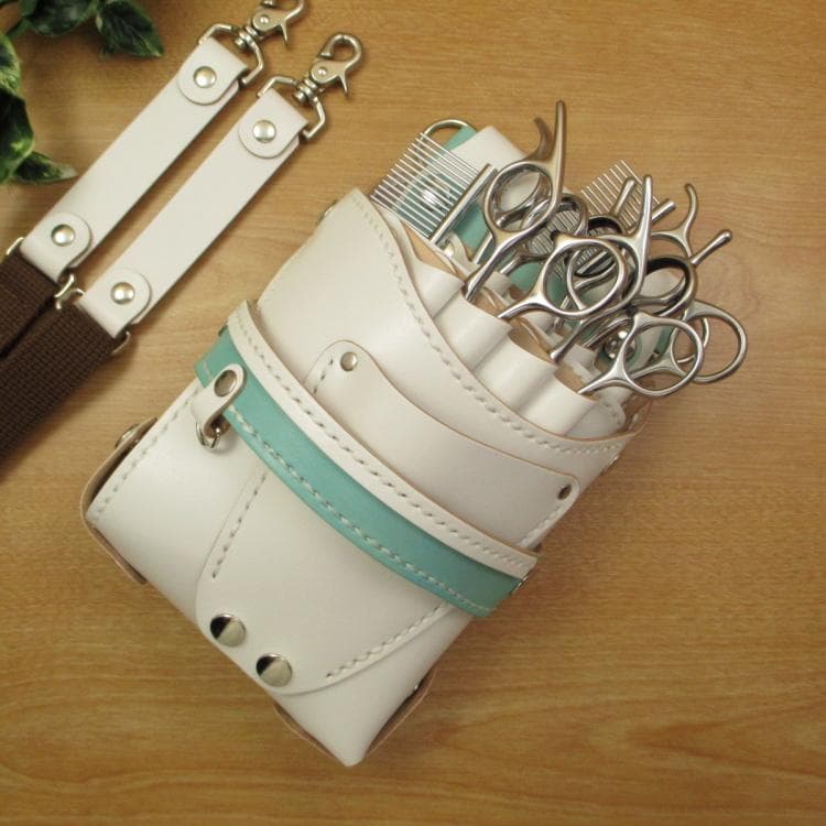 【トリマー向き】 ８丁　本革シザーケース　ホワイト＆空色　TSC-13/CWA