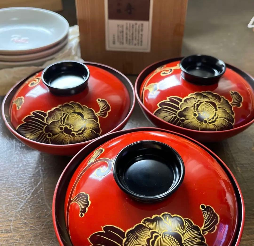 会津塗　椀 5個セット、牡丹洗朱　輪島塗　お椀