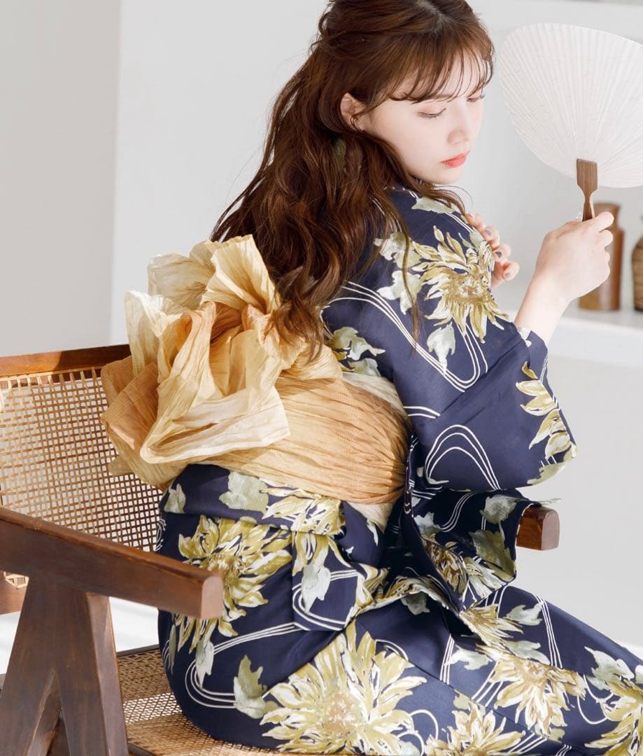 ネイビー花柄浴衣・帯セット