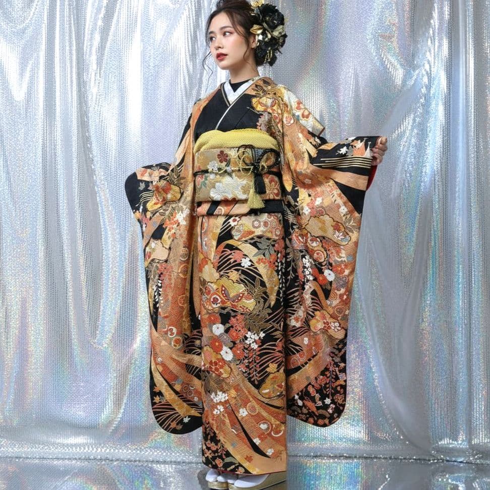 振袖フルセット(7点)・成人式・古典柄・金彩加工・束ね熨斗・金駒刺繍・正絹