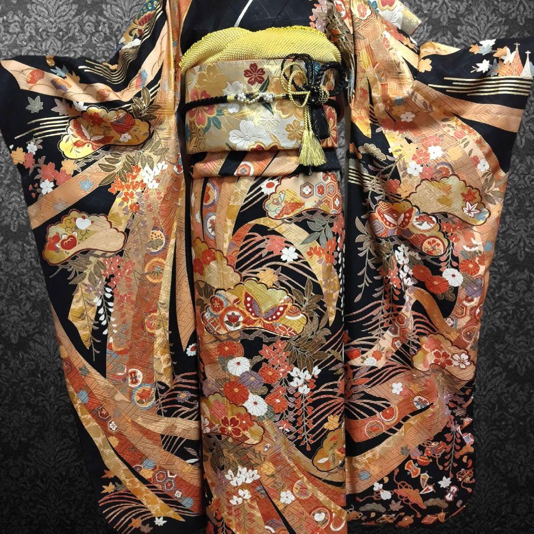 振袖フルセット(7点)・成人式・古典柄・金彩加工・束ね熨斗・金駒刺繍・正絹