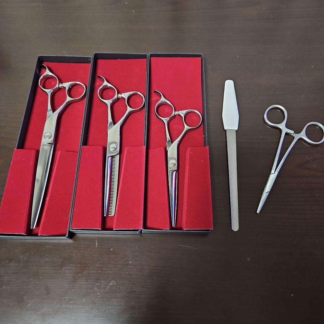 【中古】ペット(犬)用ハサミ 3本+鉗子+ヤスリ★左利き用★