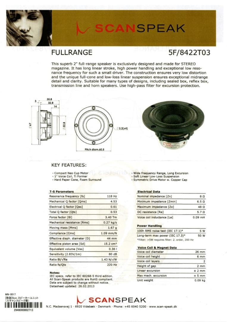 デンマーク製 ScanSpeak 5F8422T03 搭載小型スピーカー
