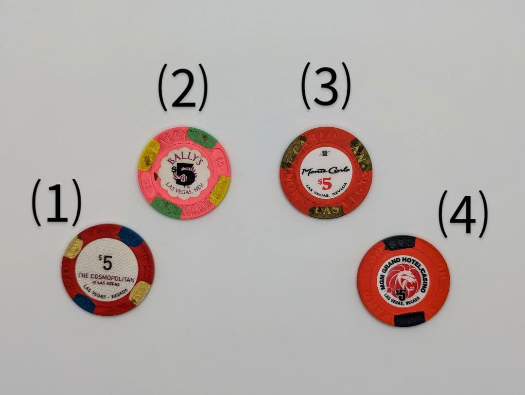 米国ラスベガス　カジノ　５ドルチップコレクション 4種【β】