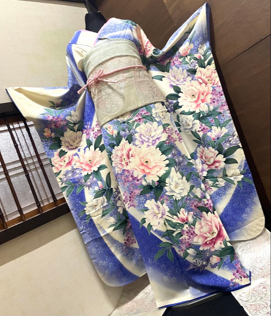 振袖 フルセット6点サイズM〜Ｌ枝花文　暈し染め　正絹