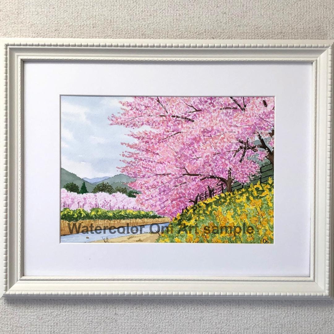 透明水彩画　原画　「河津桜」額縁付　A4サイズ　風景画