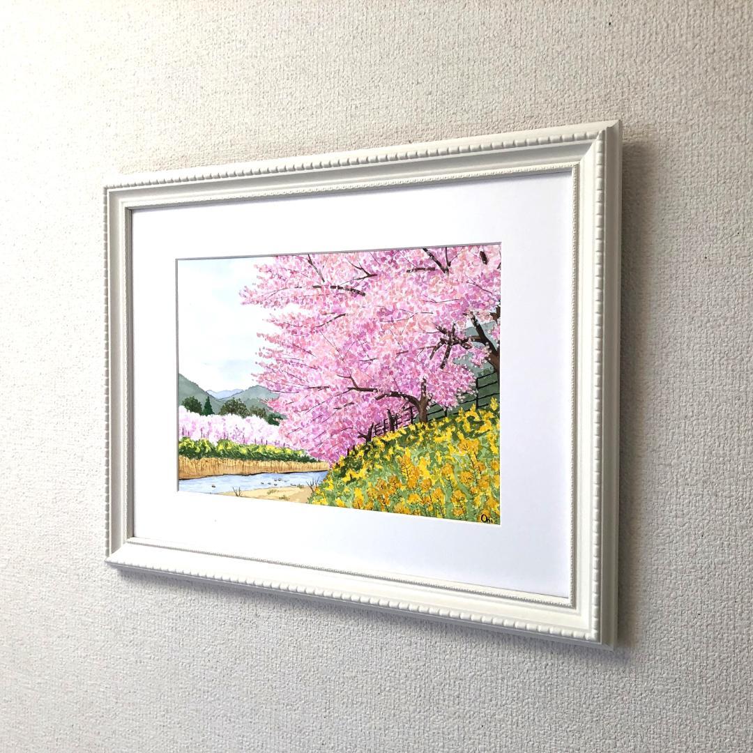 透明水彩画　原画　「河津桜」額縁付　A4サイズ　風景画