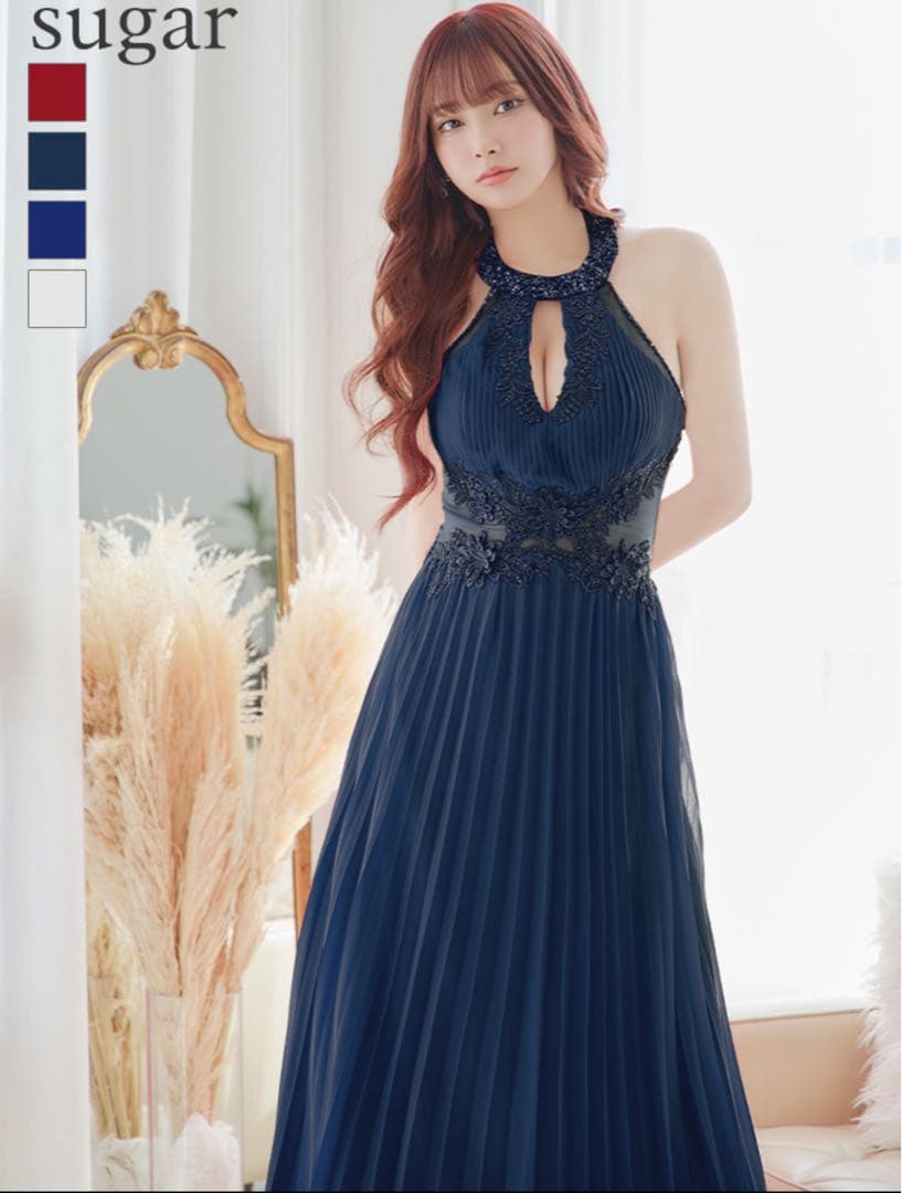 sugar ネイビー プリーツロングドレス