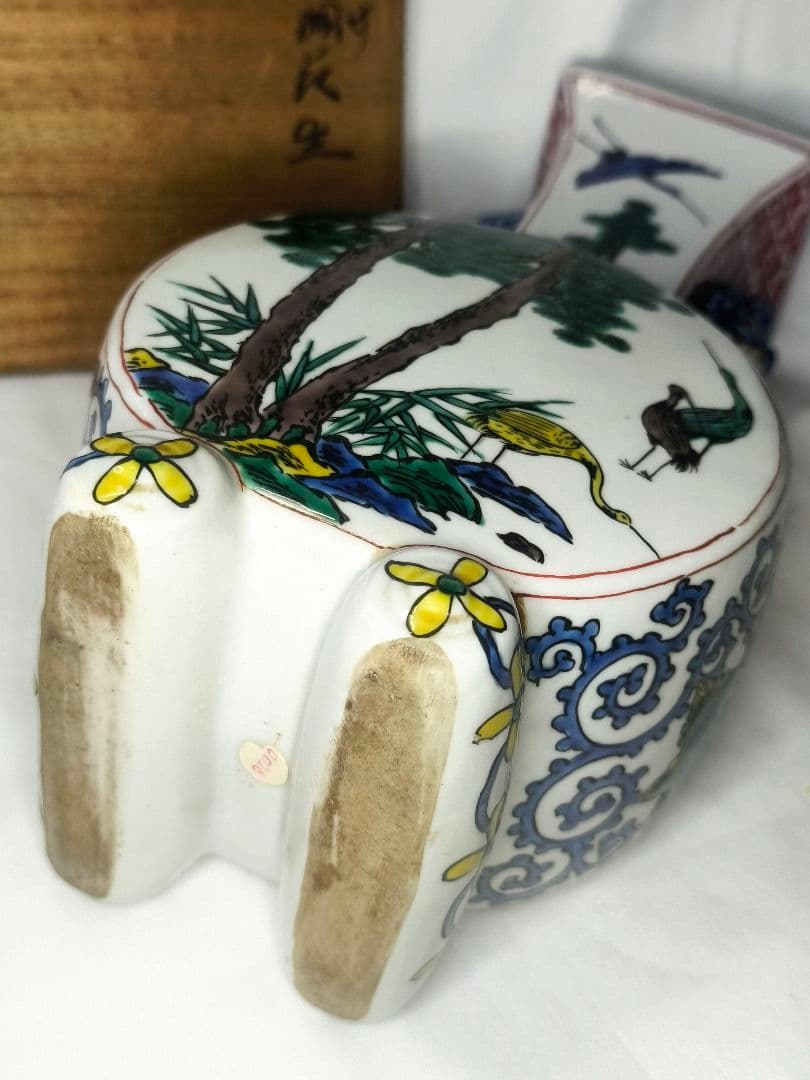 九谷焼 遊環付 太鼓胴花生 明治骨董 共箱 手描き 旧家蔵出し コレクター放出