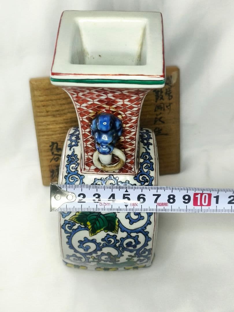 九谷焼 遊環付 太鼓胴花生 明治骨董 共箱 手描き 旧家蔵出し コレクター放出