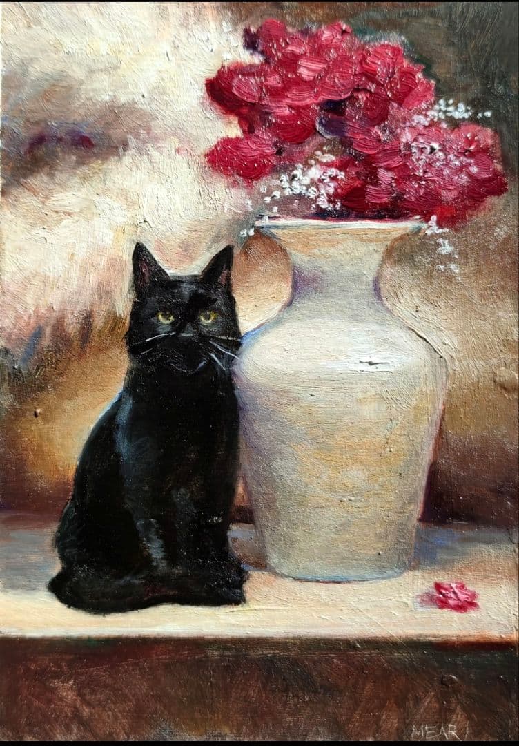黒猫と花　静物画　原画　ミニ絵画　手描き　オリジナル