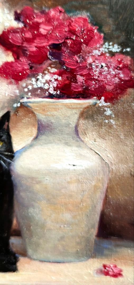黒猫と花　静物画　原画　ミニ絵画　手描き　オリジナル