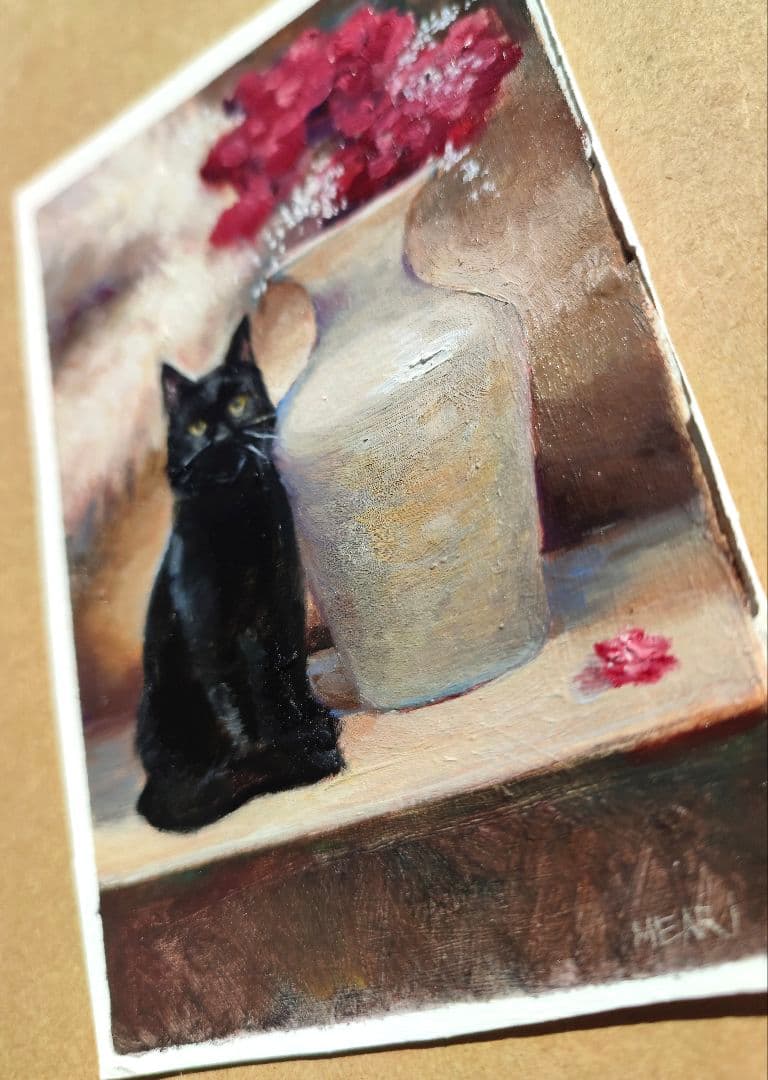 黒猫と花　静物画　原画　ミニ絵画　手描き　オリジナル