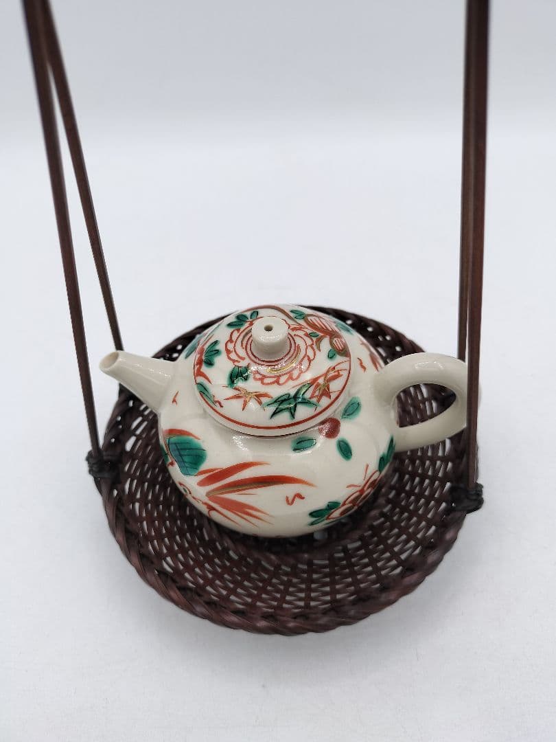 c793 煎茶　廻し篭セット 赤絵 後手急須 晃雲作 廻し籠　茶道具 古物