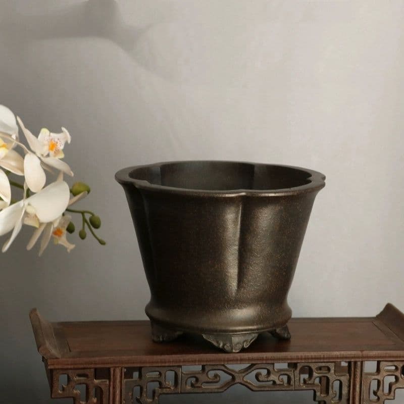 紫砂黒雲足梅花鉢 植物鉢 多肉鉢 工芸品 置物