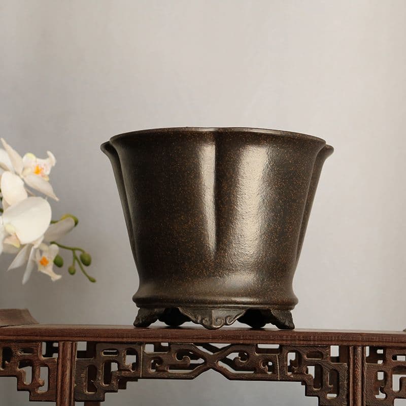 紫砂黒雲足梅花鉢 植物鉢 多肉鉢 工芸品 置物